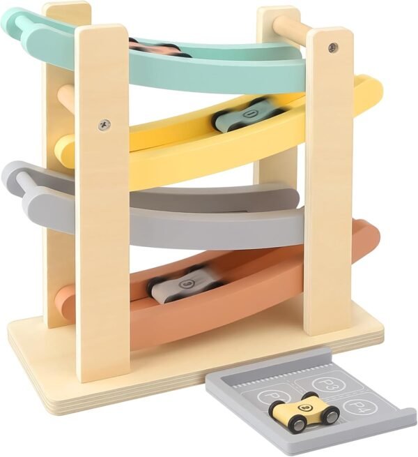 Toys for 1 2 Year Old Boys and Girls - Soft Color Wooden Car Ramp Race Track Set with 4 Mini Cars & Garage - Christmas Birthday Gifts for Toddlers 1-3 Year Old