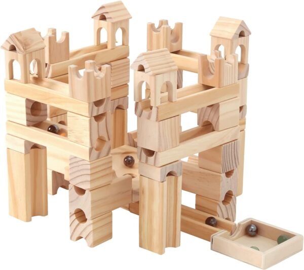 Wooden Marble Run for Kids Ages 4-8, 80 Pieces Wood Building Blocks Toys and Construction Play Set, Marble Track Maze Game  Learning Toys Gifts for Boys Girls (80pc Set)