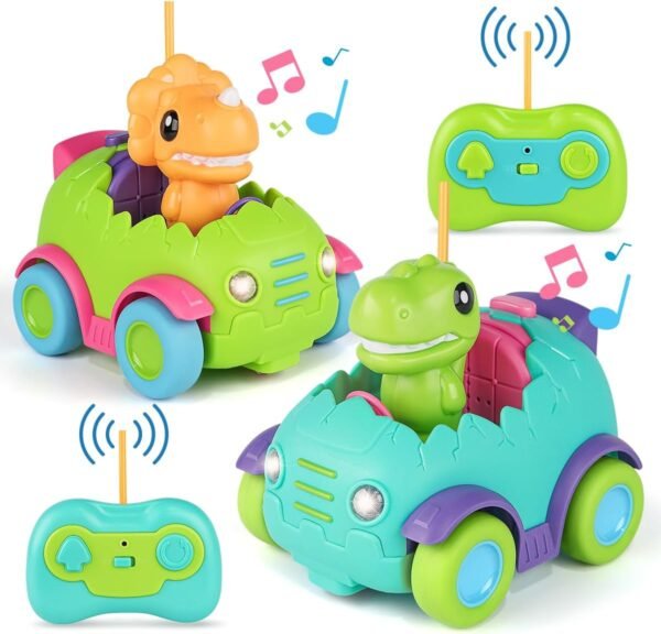 Remote Control Car for Toddler Age 2 3 4 5, Electric RC Toys with Light & Music, Toddler Dinosaur Toys, Dino Figures Truck Race Vehicles, Birthday Gift for Boys & Girls, 2 Pack Playset