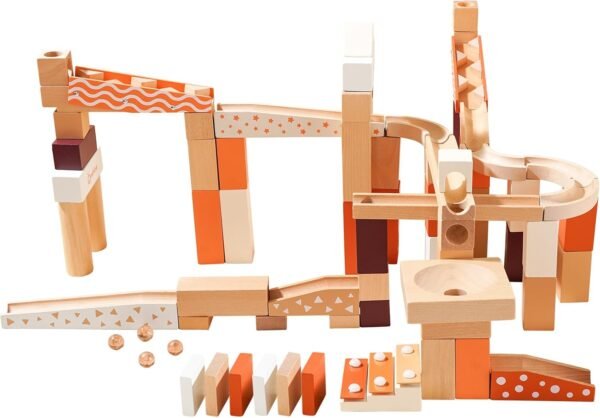 Wooden Marble Run Blocks for Kids 4-8, 80 Pieces Wood Building Blocks Toys and Construction Play Set, Neutral Colored Marble Track Maze Game  Learning Toys Gifts for Boys Girls (80pc Set)