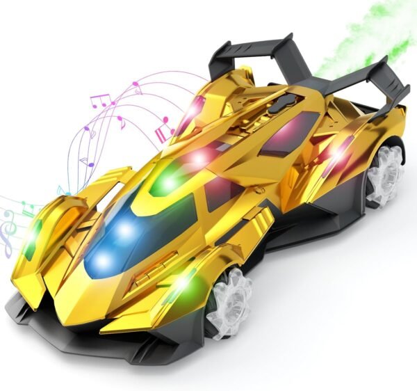 Remote Control Car Toy for Boys Age 8-12, 1:12 Scale Gold  Toy with 360°Rotating Drifts Colorful Lights、Spray& Musics, Speed 10-12km/h RC Race Toy Car for Boys Girls Birthday
