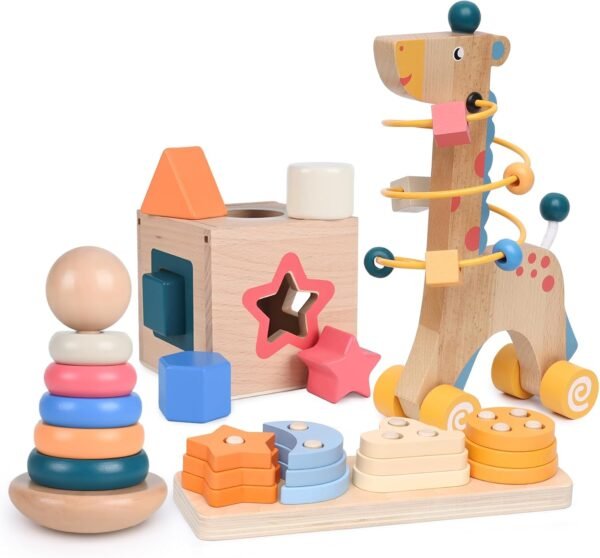 4-in-1 Wooden  Toys for 1+ Year Old, Educational Sensory and Baby Learning Toys for Toddlers Aged 1-3, Best Gifts for Birthday(Log)