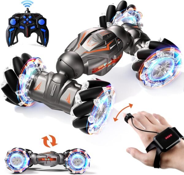 1:12 RC Stunt Car,   Remote Control Gesture Sensor Toy Cars, Double Sided Rotating Off Road Vehicle 360° Flips with Lights Music, for Boys & Girls Birthday（Black Silver）