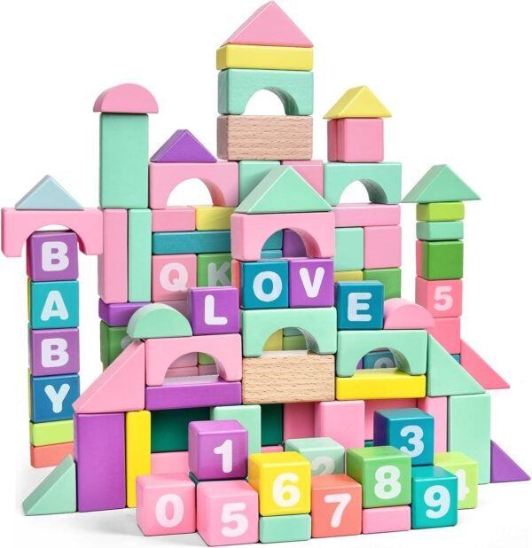 Wooden Building Blocks for Toddlers, 61 Pcs  Stacking Toys in 9 Colors with Alphabet & Number, Preschool Learning Toys Gifts for Kids 3 4 5 Years Old