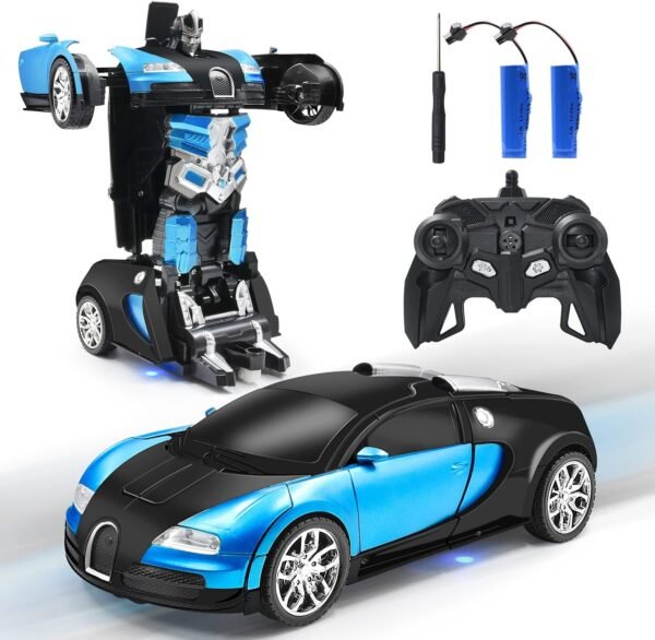 RC Car Robot Transform Model Toy,1:18 Blue Remote Control Deformed Vehicle,Racing Automobile Deformation with Realistic Engine Sounds&One-Button Transformation&360°Speed Drifting for Boys Girls