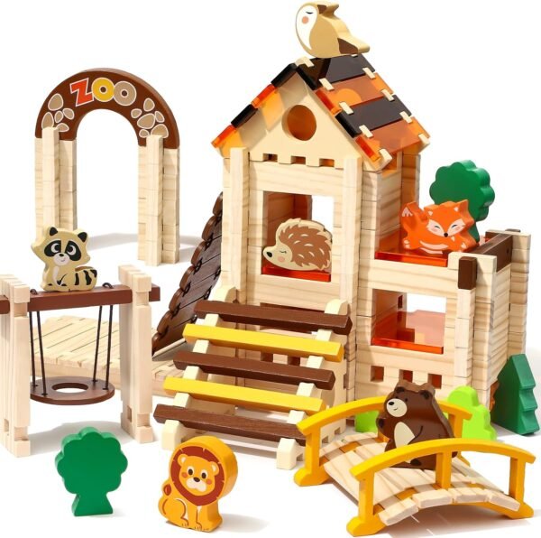 Wooden Building Blocks for Kids Ages 4-8, 167 PCS Stacking Blocks  Building Toys with Animals & DIY House, Christmas Birthday Gifts for Girls Boys 4 5 6 7 8 Years Old