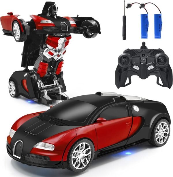 RC Car Robot Transform Model Toy,1:18 Red Remote Control Deformed Vehicles,Racing Automobile Deformation with Realistic Engine Sounds&One-Button Transformation&360°Speed Drifting for Boys Girls