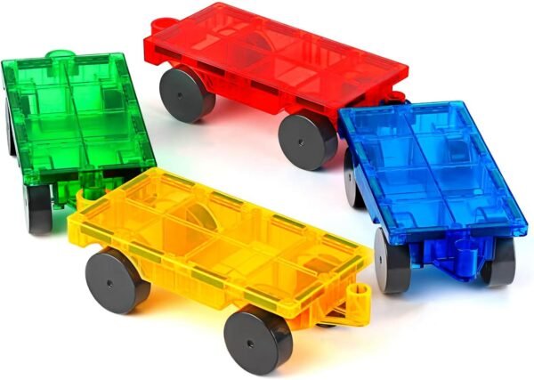 Magnetic Tiles Cars Construction Set - 4 PCS Magnetic Tiles Magnet Bricks Truck Sensory Toys, Educational Magnet Cars Set Building Blocks for 3 4 5 6 7 8+ Year Old Girls Boys (Blue Set)