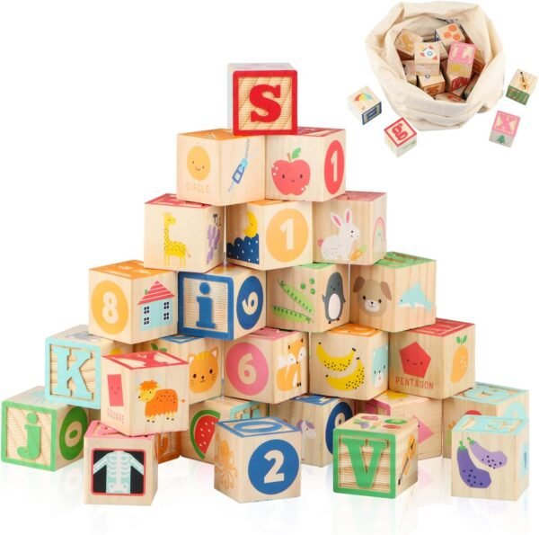 Wooden Building Blocks for Toddlers 1-3 Large, 26 PCS Alphabet & Number Stacking Blocks, Educational Learning Toys for Boys Girls Kids Gifts 1.65''
