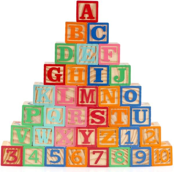 Wooden  Toy Building Blocks for Toddlers 1-3 36 PCS Wood Alphabet Number Blocks for Stacking Learning Preschool Educational  Sensory Toys for Kids Boys Girls Gifts 1.7"