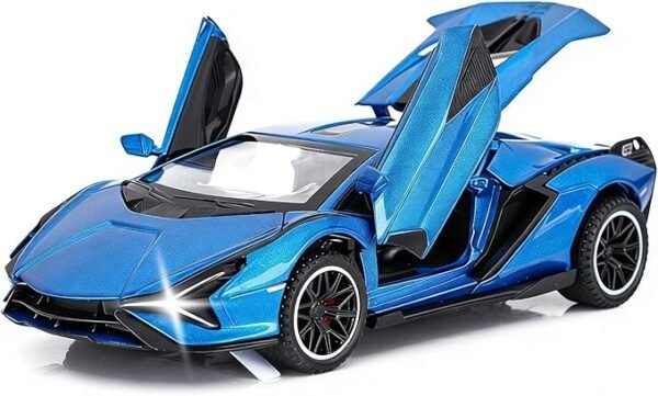 Toy car, suitable for children aged 3-12, die-cast metal model car with lights and sounds, pullback car toy, suitable for boys aged 3 and up (blue).