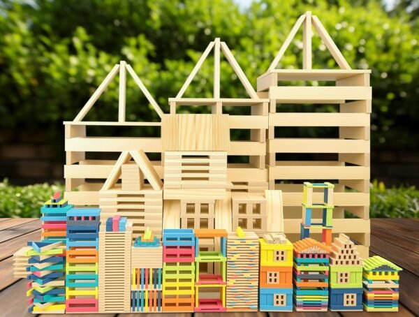 300pcs Open Ended Wooden Building Blocks for Kids 6.6lb, Natural Pine Rectangular Wood Building Toys，Construction Toys for Toddlers,  Building Set,Birthday Gift for Ages 3-8 (S 4.7"-Wood Color)