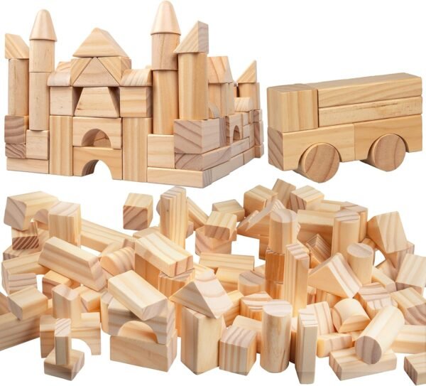 Wooden Blocks Set - 100 Pc Natural Colored Wood Building Block Toys- 100% Real Wood, 14 Different Ss, Great Gift for Kids or School Project, Hands On Indoor Activity Play- Build, Stack and Create