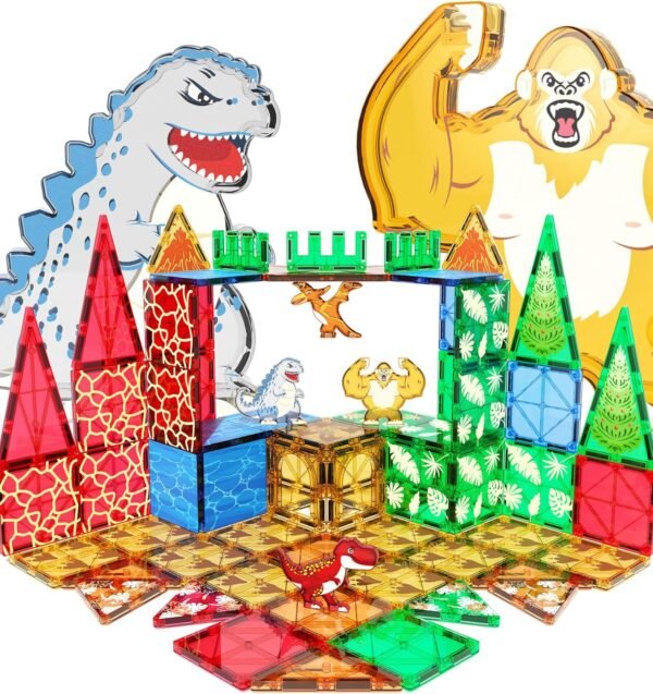 Dinosaurs Toys Magnetic Tiles for Kids 3-5, Dino,King Kong and Godzilla Animals World Construction Tile for Toddlers Ages 5-7, Magnet Building Blocks for Boys Girls Ages 3+ 4-8 8-12 Year Old