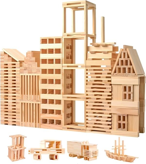 Wooden Building Blocks Set - 200-Piece Plank Block Construction Toys,  Educational Wood Toy for Kids and Toddlers