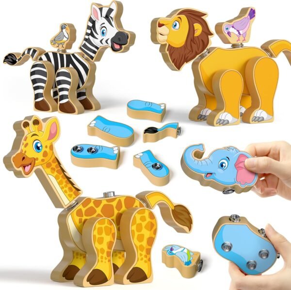 Wooden Snap Together Building Toy, Take Apart Construction Builders, Assembly Animal Building Blocks,  Fine Motor Learning Toy Gift for 3 4 5 Years Old Kids